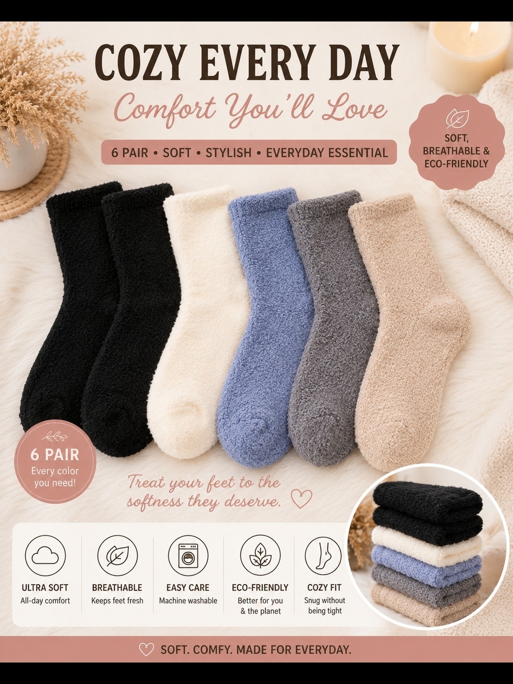 Source Unknown Cozy Everyday Crew Socks - Black, Cream, Blue, Gray, Tan